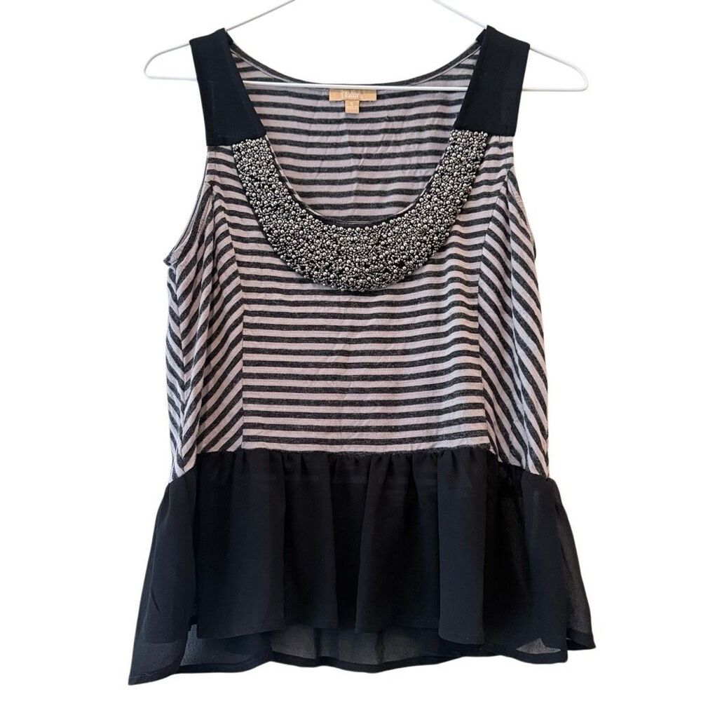 Takara Striped Beaded Scoop Neck Sleeveless Peplum Top Black White Small